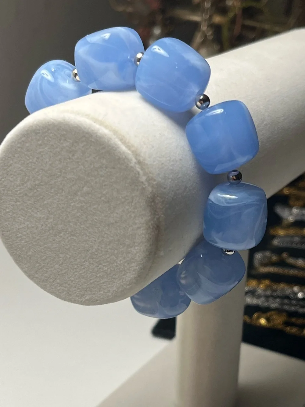 Chunky Blue Marbled Statement Stretch Bracelet